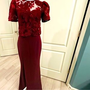 Dress the population XS red Ramona dress lace floral slit $278